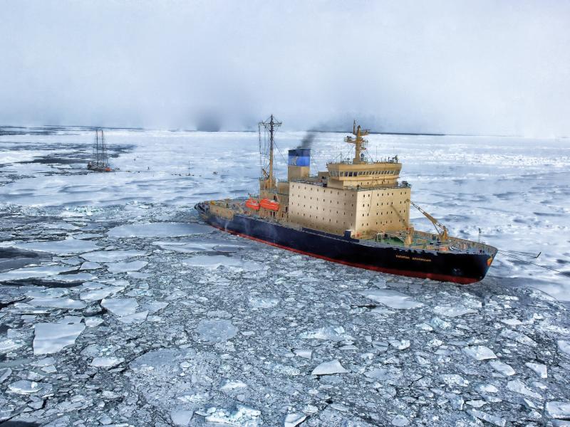 A single ship rests in frigid ocean waters, icy blocks floating all around it, as smoke billows from its exhaust